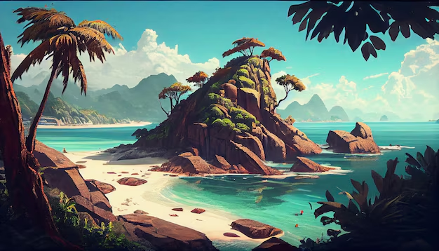 Illustrated tropical island surrounded by turquoise water