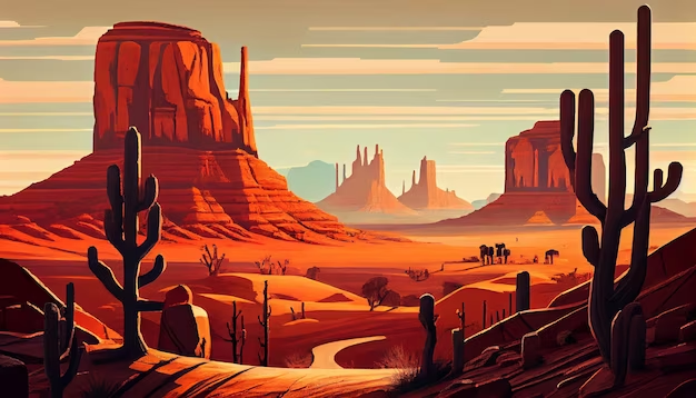 Layered red-rock desert landscape beneath a warm sky