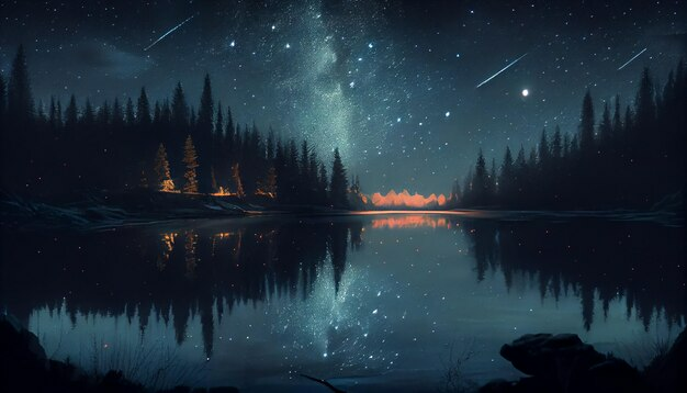 Night sky reflected on a still lake, framed by evergreen trees