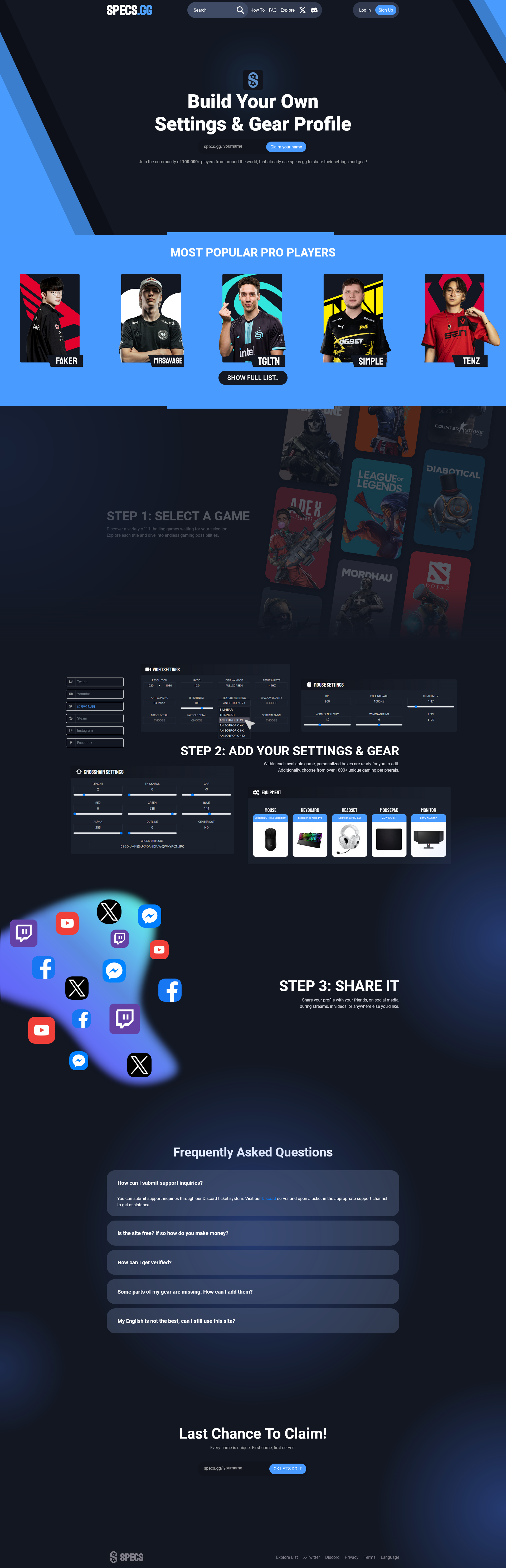 Specs.gg interface for building and sharing gaming settings and gear profiles